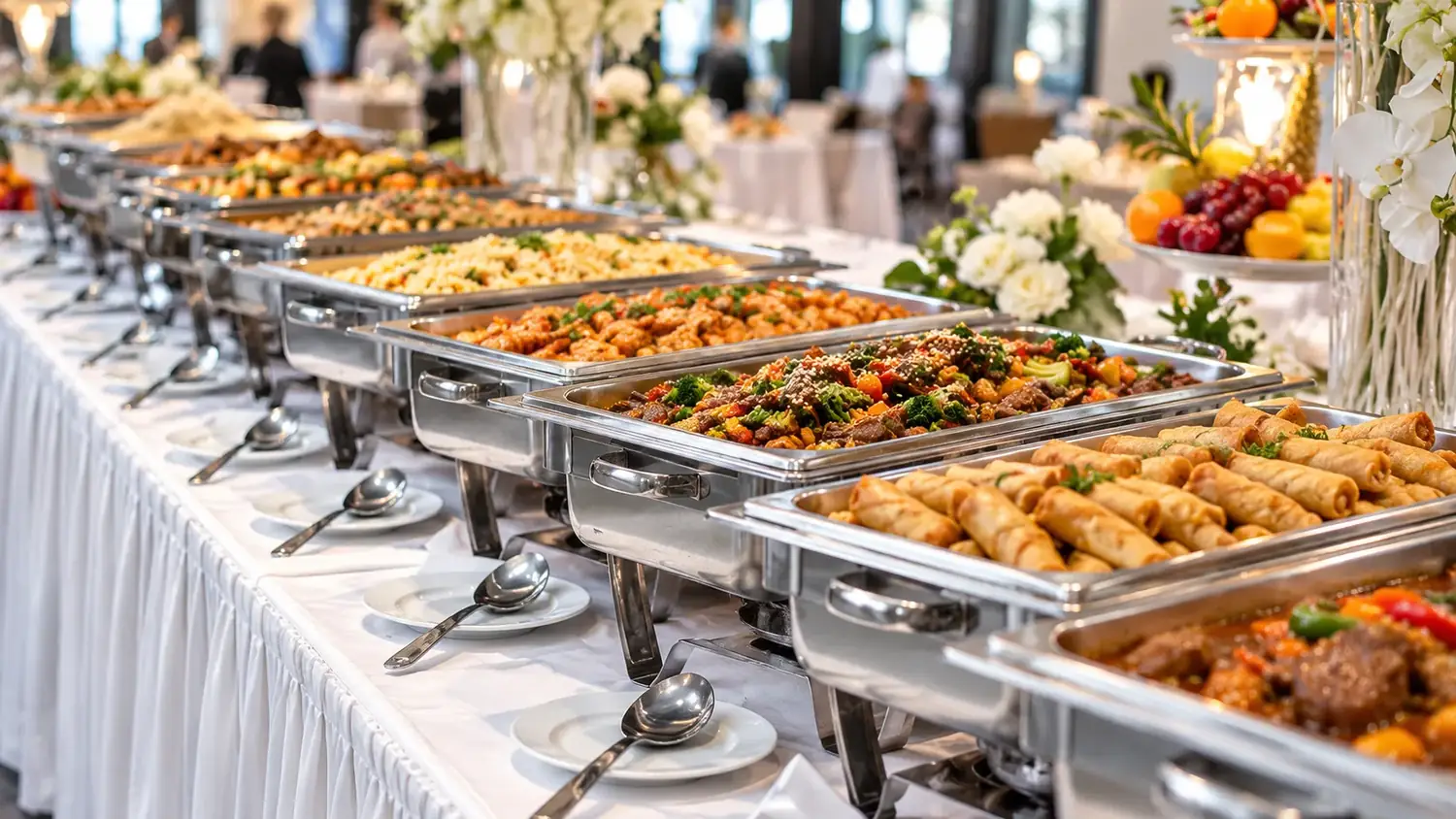 A buffet line of chafing dishes with fried rolls, stir-fries and fresh flowers